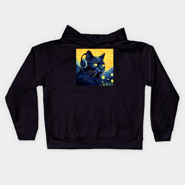 Starry Night Black Cat Wearing Headphones Kids Hoodie by VisionDesigner